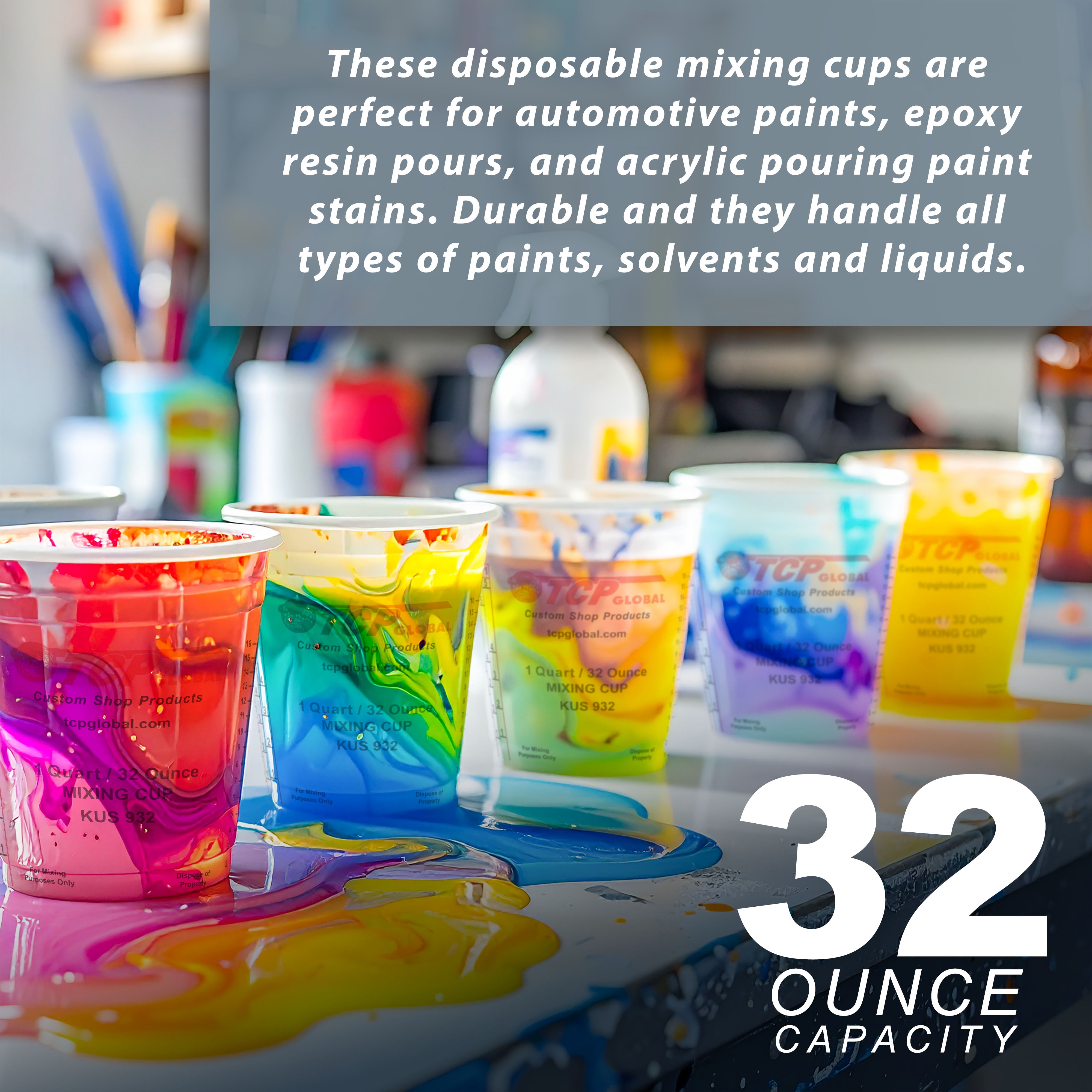 Custom Shop Paint Mixing Cups Plastic Measuring Cup Epoxy Resin, Disposable or Reusable, 32-Ounce (Quart) - Pack of 36 - Graduated, Mixing Ratios, Automotive Painting Acrylic Art Crafts