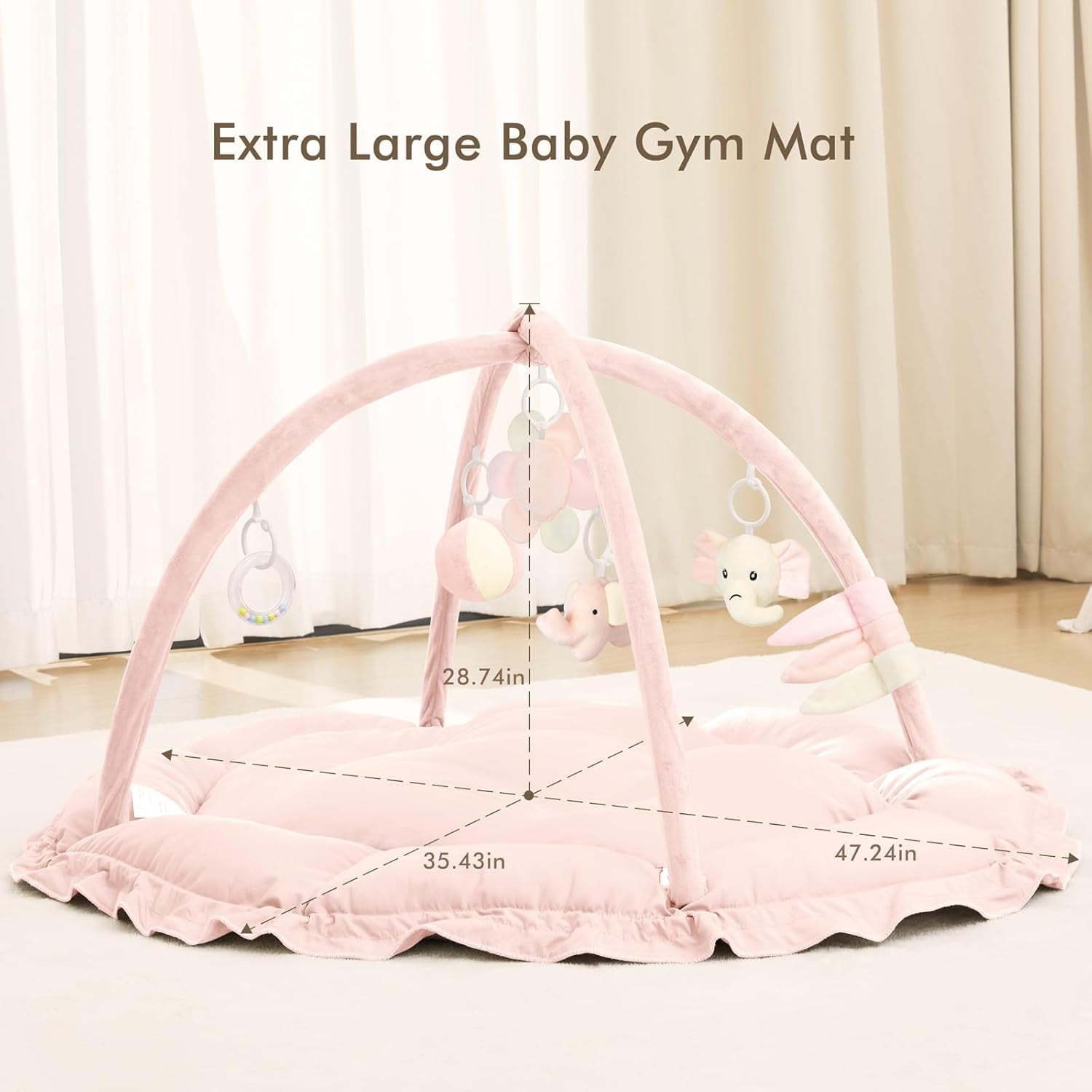 5 in 1   Gym Mat, Reversible Tummy  Mat with 5 Sensory Toys for Stage-Based Developmental, Thick & Large  Activity Center from Newborn to Toddler (Pink)