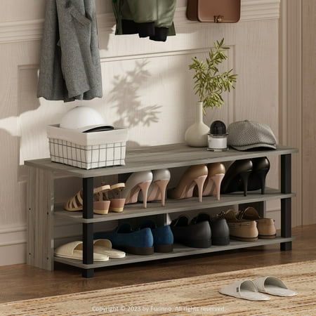 Furinno Turn-N-Tube 3-Tier Compact Open Storage Shoe Rack for Closet Entryway, French Oak/Black