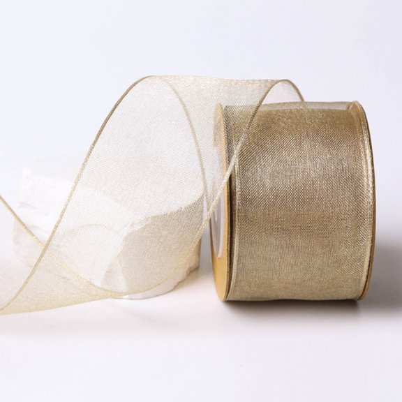 Champagne Gold Wired Ribbon 2-1\/2 Inch Copper Ribbon with Wired Edge Gold Lurex Metallic Ribbon for Wreaths, Gift Wrapping, Crafts, Bows, Home Decor - 10 Yards (30Ft)