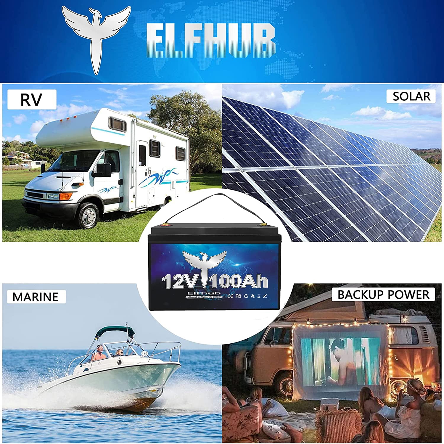 Elfhub 12V 100Ah LiFePO4 Battery with 100A BMS 5000+ Cycles for Camper RV,Support 4S/8P