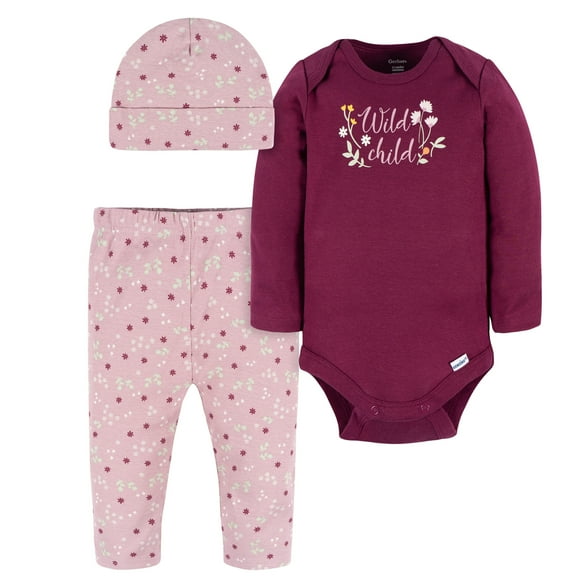 Gerber Essentials conjunto bebé 3 piezas mameluco algodón rosa 0 a 9 meses