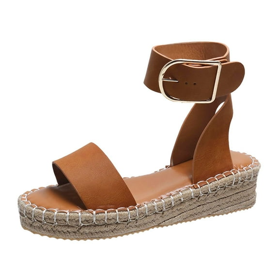 OAVQHLG3B Wedge Sandals for Women Summer Ladies Shoes Slope Heel Thick Soled Straw Woven Metal Buckle Women's Sandals