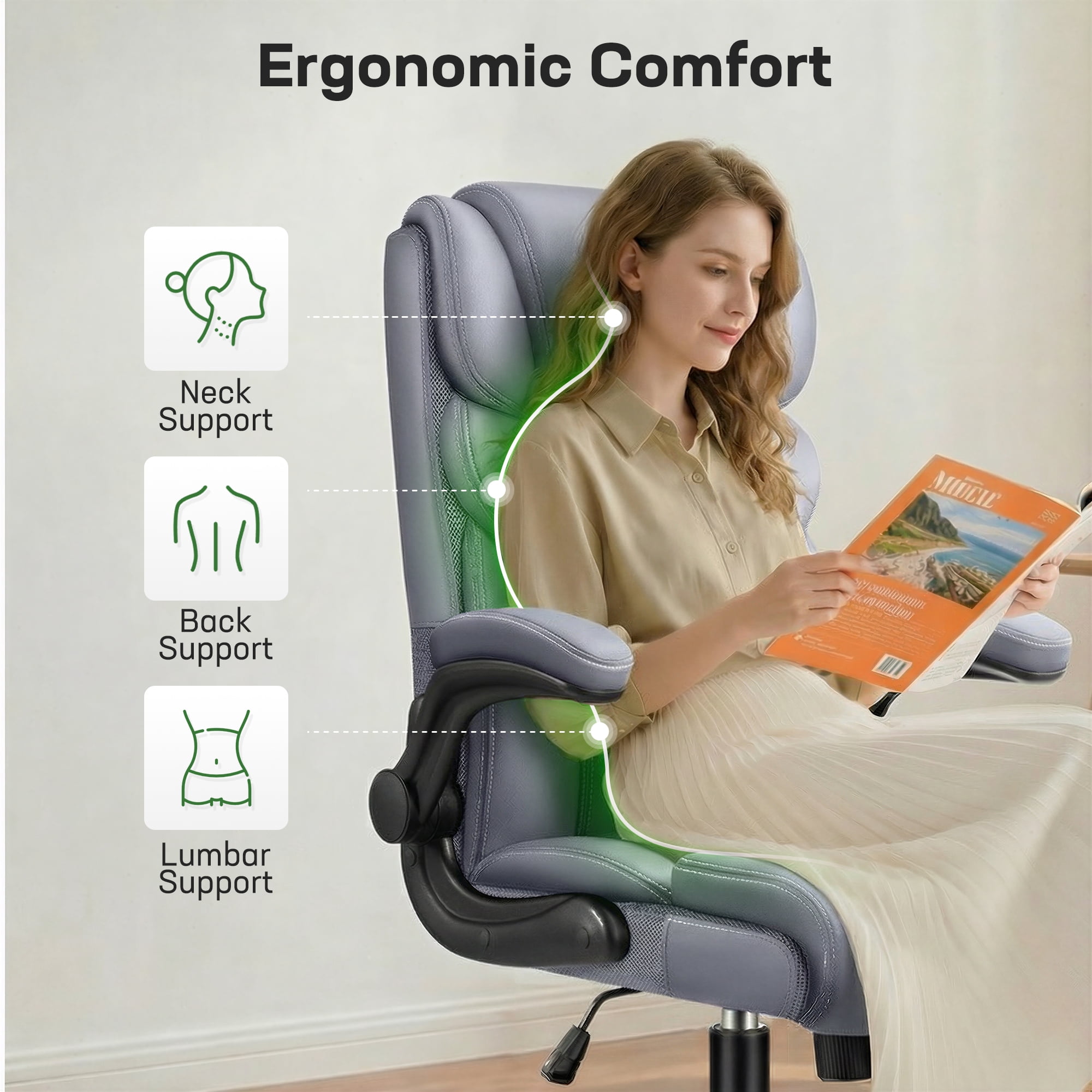ATHOPE Leather Office Chair, Big and Tall Office Chair with Lumbar Support, High Back Executive Desk Chairs with Flip-up Armrest, Breathable PU Ergonomic Computer Chair, 360°Swivel Free, Gray