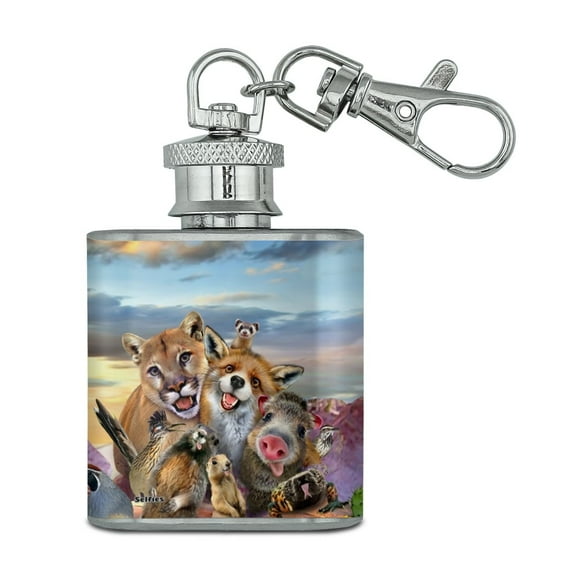 Southwestern Animals Selfie Cougar Fox Roadrunner Prairie Dog Stainless Steel 1oz Mini Flask Key Chain