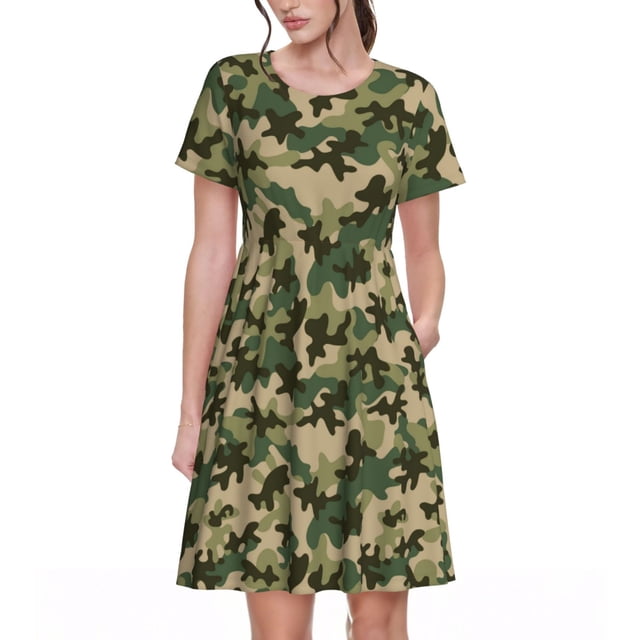 Bixox Robe d'Été à Manches Courtes pour Femmes Robe Ample Longueur Genou avec Poches-Camouflage
