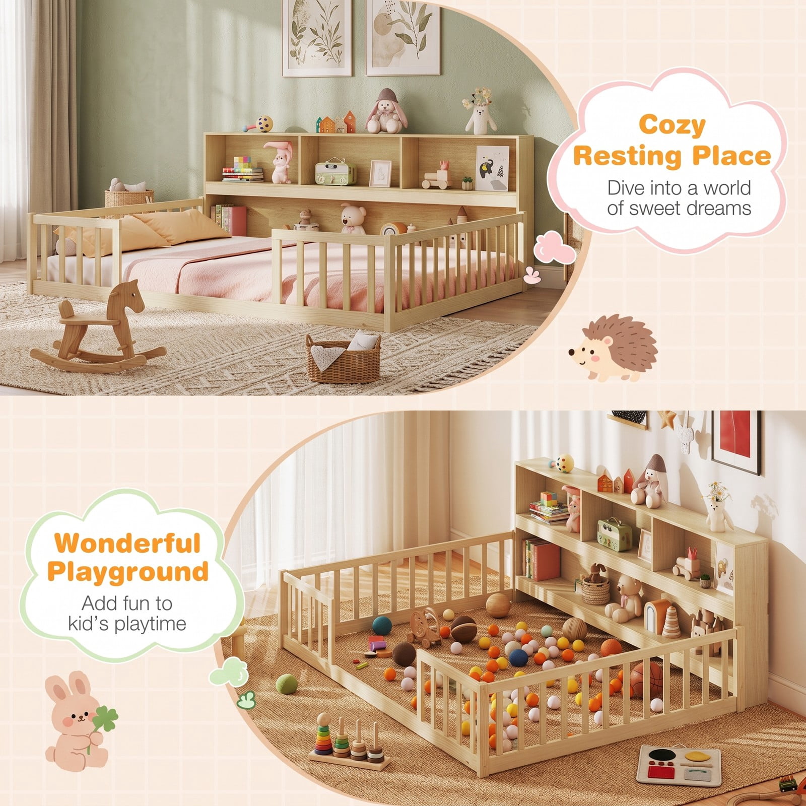 Furnibear Full Size Montessori Floor Bed Frame with Bookcase Headboard and Full Length Fence Rails, House Bed for Kids Bedroom, Natural