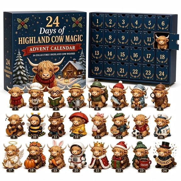 24 Days of Highland Cow Magic Advent Calendar, 24 Cute Collectible Cow Mini Figures, Farmhouse Holiday Decor, Christmas Countdown Calendar Gift Set for Cow Lovers