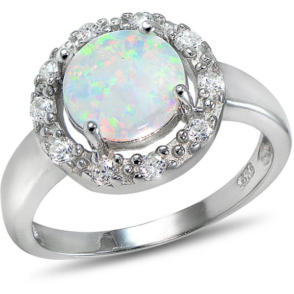 Created White Opal and CZ Sterling Silver Round Ring