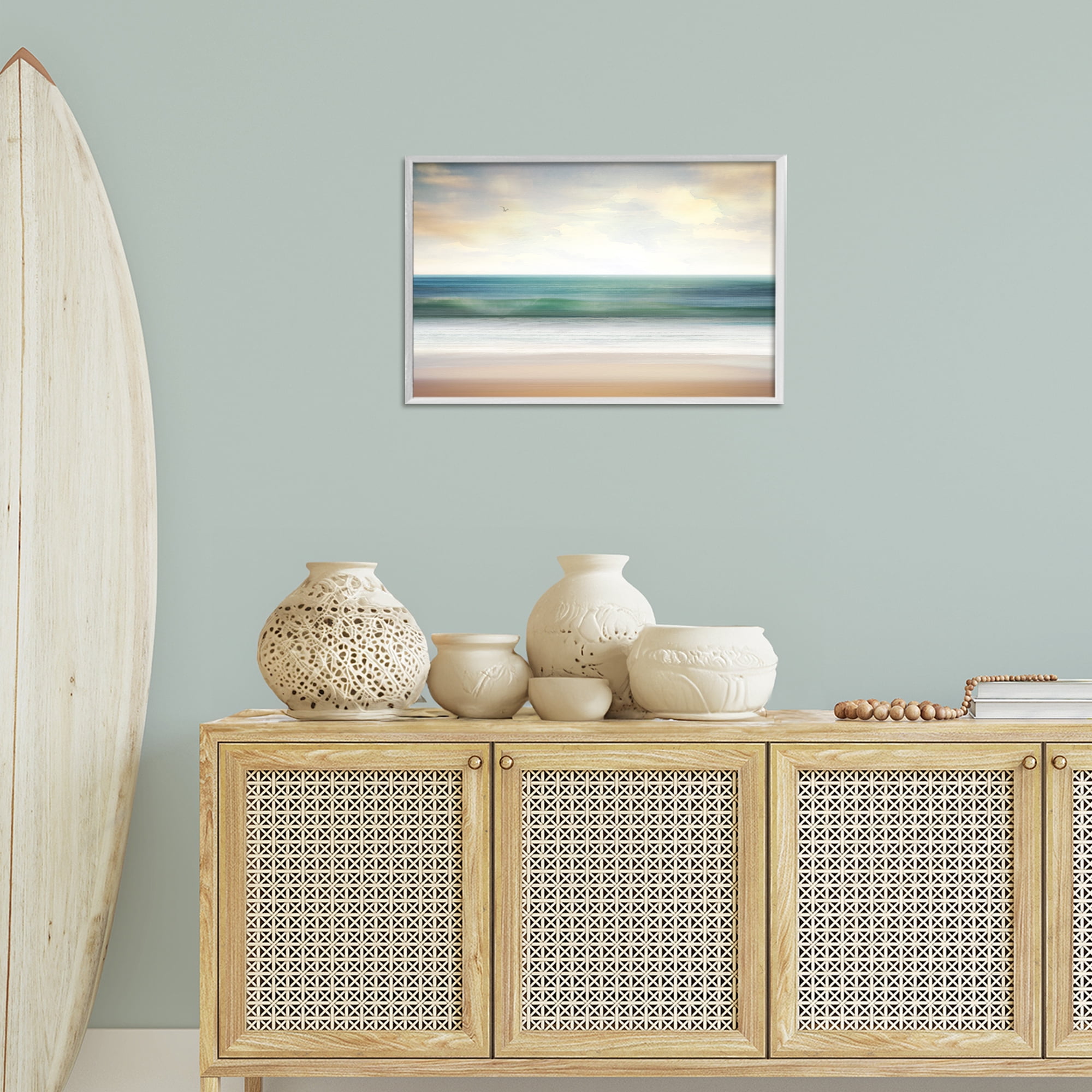 Stupell Industries Lone Seagull Over Beach Landscape Painting White Framed Art Print Wall Art, 24 x 16