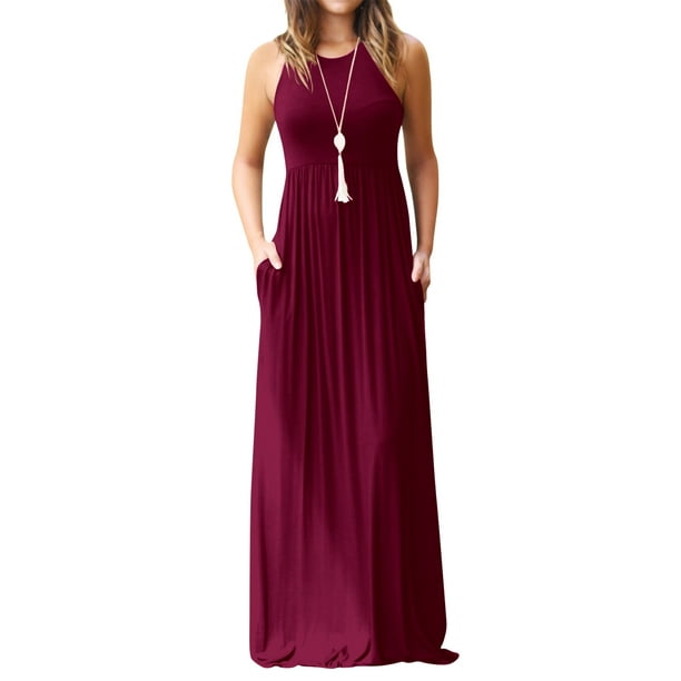 Women Round Neck Sleeveless Pure Color Long Dress with Pocket - Walmart.com