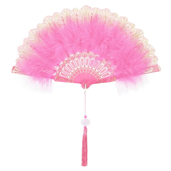 Pink Feather Folding Hand Fan with Flower Painting – Elegant Vintage Dance Fan, Stage Performance, Costume Accessory & Gift