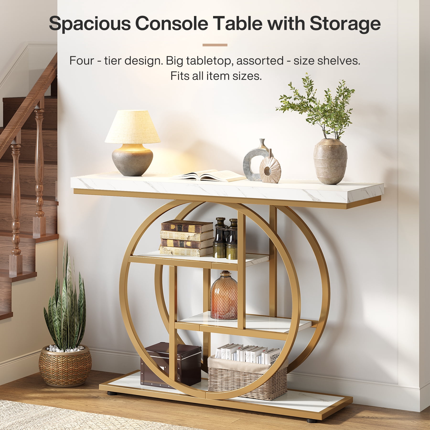 Fnova Console Table, Entryway Table with 4-Tier Storage Shelves, 42" Wood Modern Narrow Long Side Table, , Sofa Table, Accent Table for Living Room, Entryway, Hallway, White and Gold