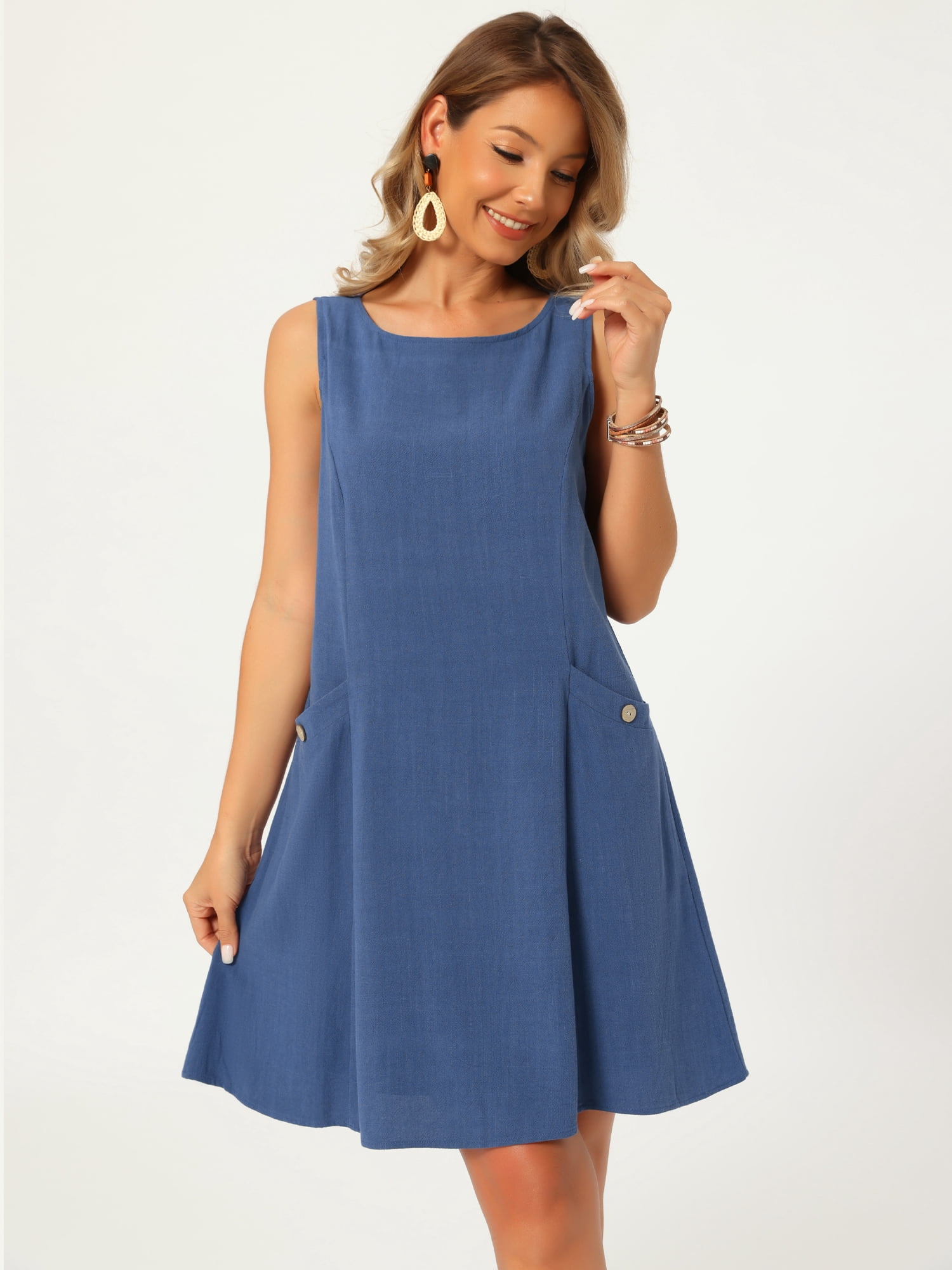 DARING DIVA Women's Linen Sleeveless Sundress Casual Loose Flowy Mini Dress L Dark Blue