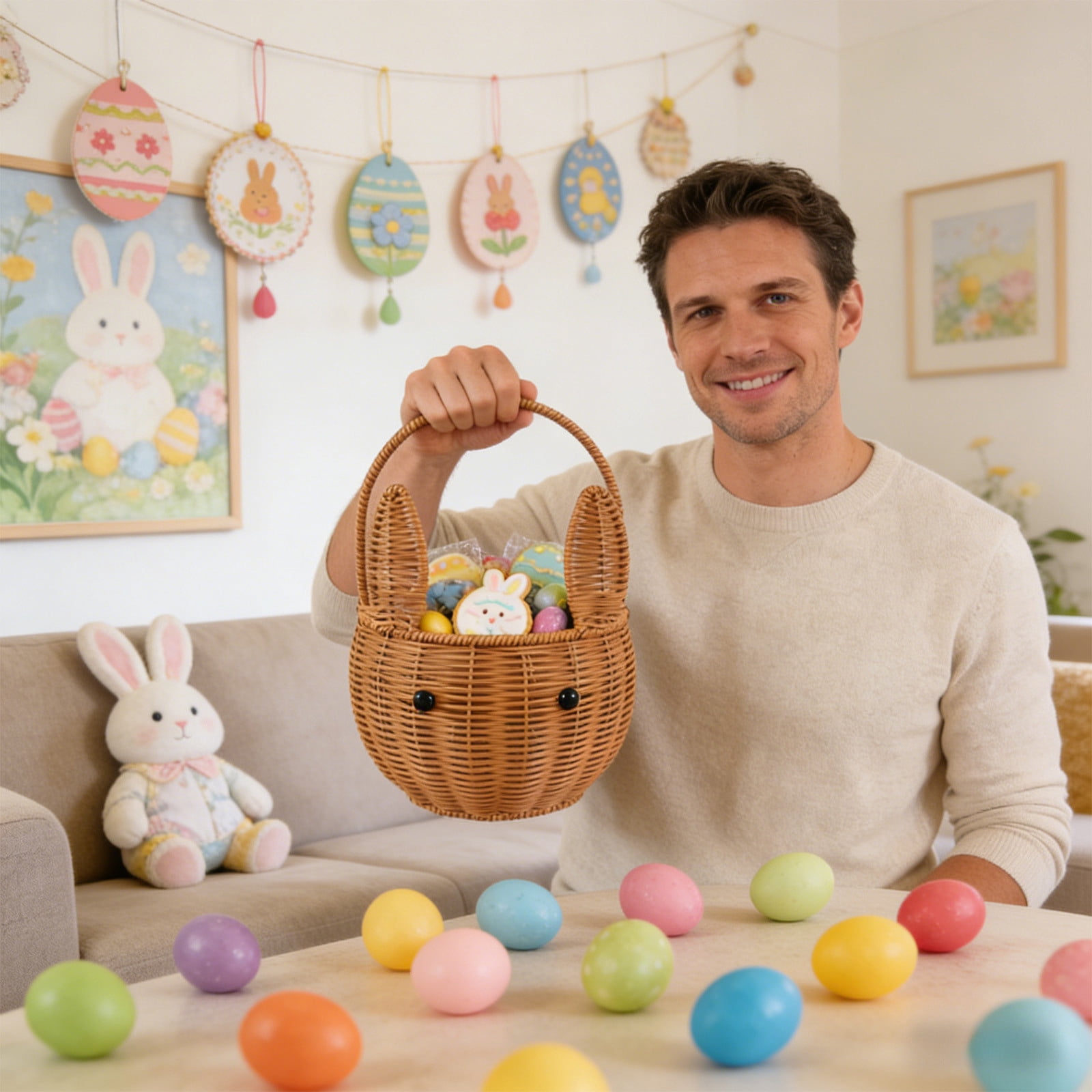 AuroraX Easter Bunny Baskets with Handle,Large Storage Wicker Baskets for Home Decor,Desk Party Easter Supplies Brown