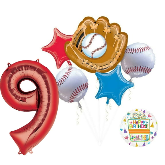 Baseball 9th Birthday Party Supplies and Balloon Bouquet Decorations
