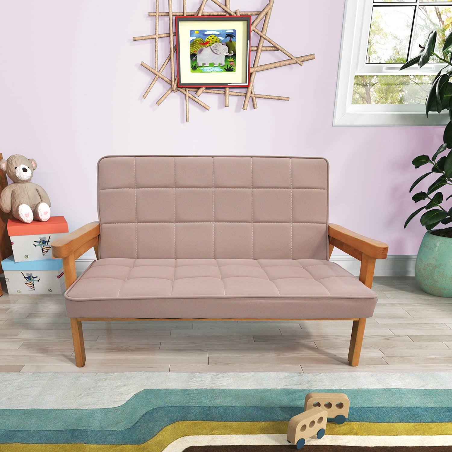 Kadyn Children 2-seats Sofa, Upholstered Children Couch with Wood Armrest, Kids Loveseat Sofa for Boys Girls Age 6-10, Cream Color Kadyn Children 2-seats Sofa, Upholstered Children Couch with Wood Armrest, Kids Loveseat Sofa for Boys Girls Age 6-10, Cream Color