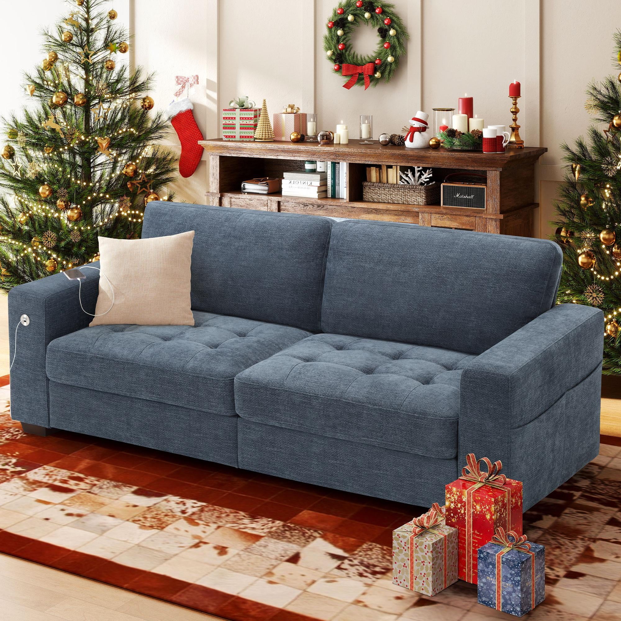 Bedluxury 89" Deep Sofa Couch with USB/Type-C Charging, Storage Pocket & Wide Armrest, Removable Cover, Seats 3 Adults, Chenille Blue