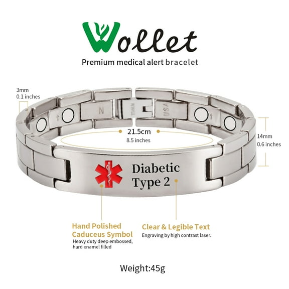 Titanium Medical Alert Bracelet for Men, Magnetic Jewelry Gift for Dad, ID Bangle Personalised 8.66'', Width：0.05'' (Diabetic Type 2)
