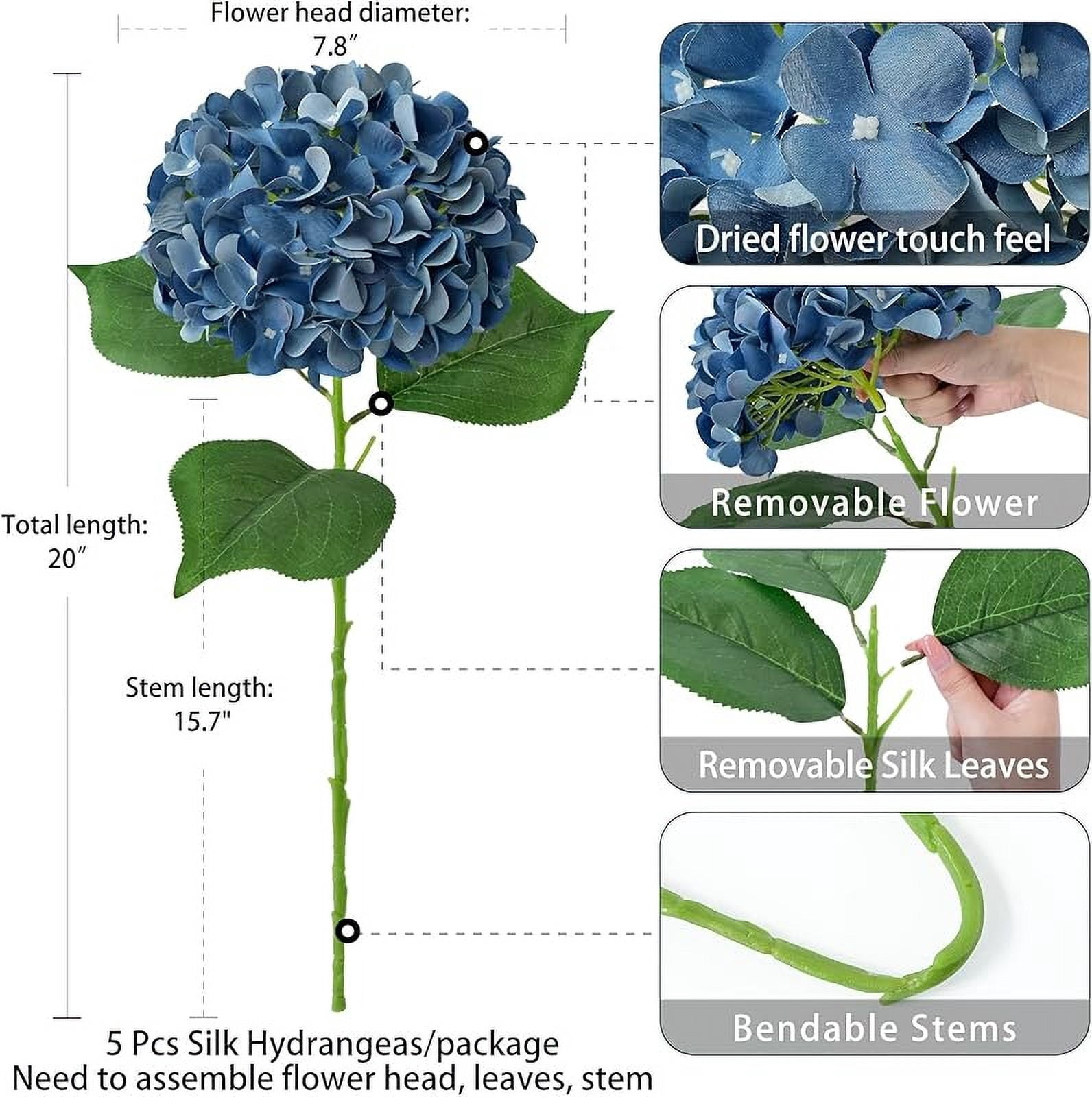 ZYTUYO 5 Pcs Dark Blue Silk Hydrangeas Artificial Flower Boho Dried Touch 20'' Faux for Fall Indoor Home Decor Kitchen Living Room Outdoor Porch Wedding Arrangement