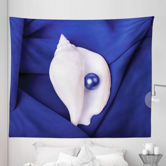 Exotic Tapestry, Exotic Shell Pearl Composition Undersea Treasure Discovery Leisure Picture Print, Fabric Wall Hanging Decor for Bedroom Living Room Dorm, 5 Sizes, Blue White, by Ambesonne