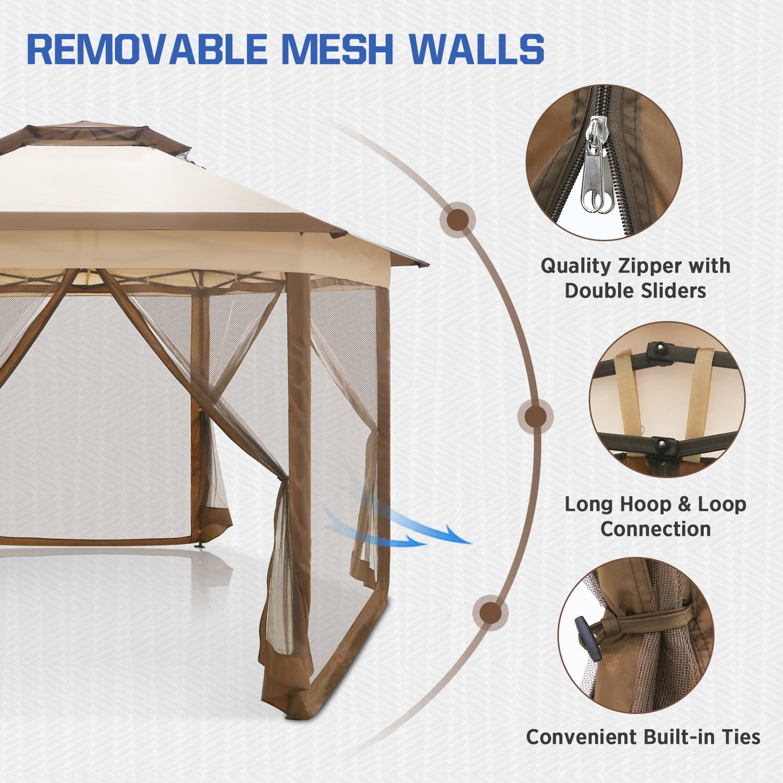 EAGLE PEAK 6-Sided Outdoor Camping Pop Up Gazebo w/Screen Netting, 13x13 Double-Tier Hexagonal Outdoor Canopy Tent for Patio, Garden, Party, Backyard, Beige