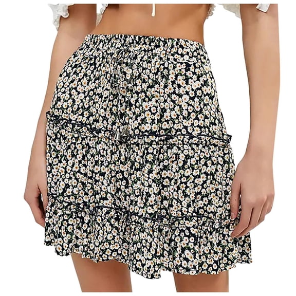 OOOUM Women Floral Mini Skirt Elastic High Waist Drawstring Tiered Ruffle Flowy A Line Summer Beach Casual Short Skirt Navy XXL