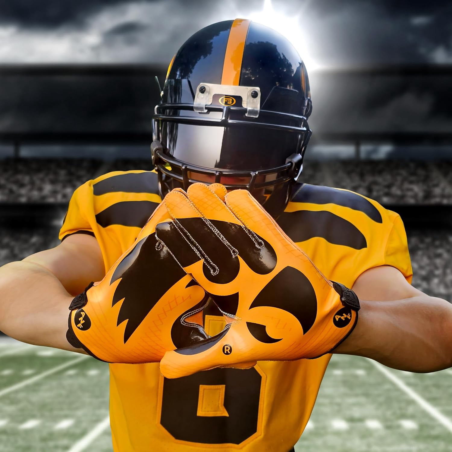 Scale Wear Design University of Iowa Hawkeyes Football Gloves with Super Stick-Tach Silicone Grip Palms. Men's & Youth Boys Sticky Football Receiver Gloves (Yellow, Adult-XL)