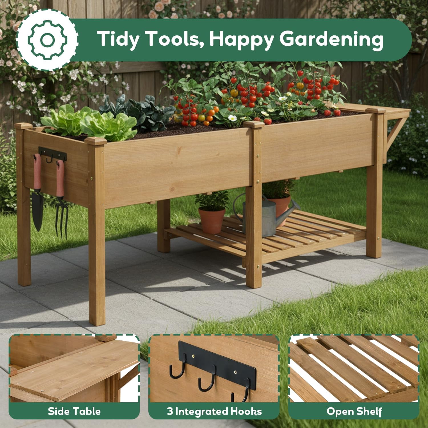 81" Large Raised Garden Bed with Legs, Elevated Planter Box with Liner, Side Table, Storage Shelf & Hanging Hooks for Vegetables & Herbs, Brown