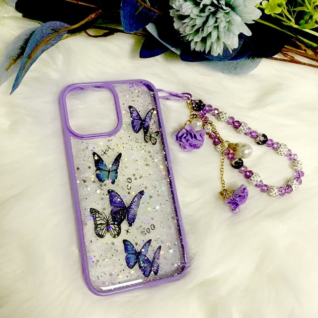 Funda de teléfono de mariposa para IPhone 14 Pro Max, 13, 12, 11, XS, XR, X, 7, 8 plus, funda de TPU transparente con purpurina, pulsera con colgante para mujer Fivean unisex
