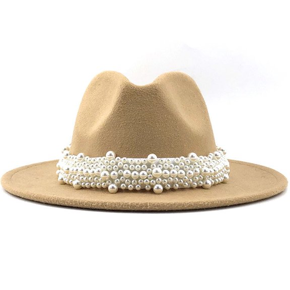 Duoif Fedora Hats for Women, Women's British Fashion Elegant Jazz Hat Pearl with Top Hat Big Brim Hat Ladies Woolen Hat Womens Hats Beige M