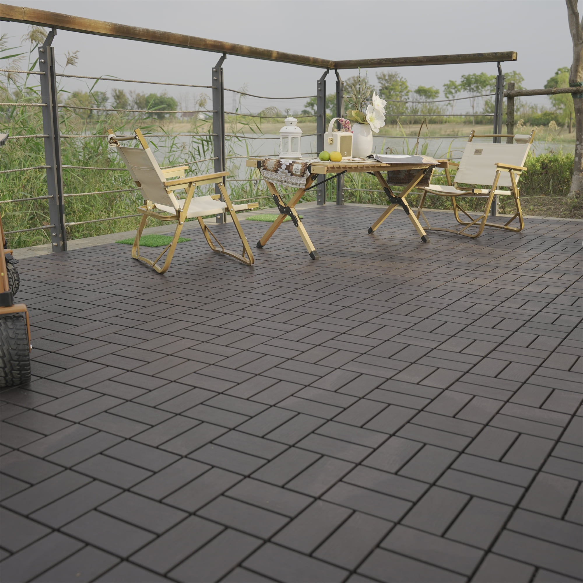 Miniyam Interlocking Deck Tiles, 44 Packs 11.8"x11.8" Waterproof Patio Floor Decking Tiles for Porch Poolside Balcony Backyard, All Weather Use, Gray(Overlapping)