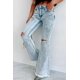 thumbnail image 1 of Pantalones vaqueros rasgados azules para mujer, Jeans de cintura alta con abertura, pantalones de mezclilla holgados informales, moda urbana, otoño, 1 of 5