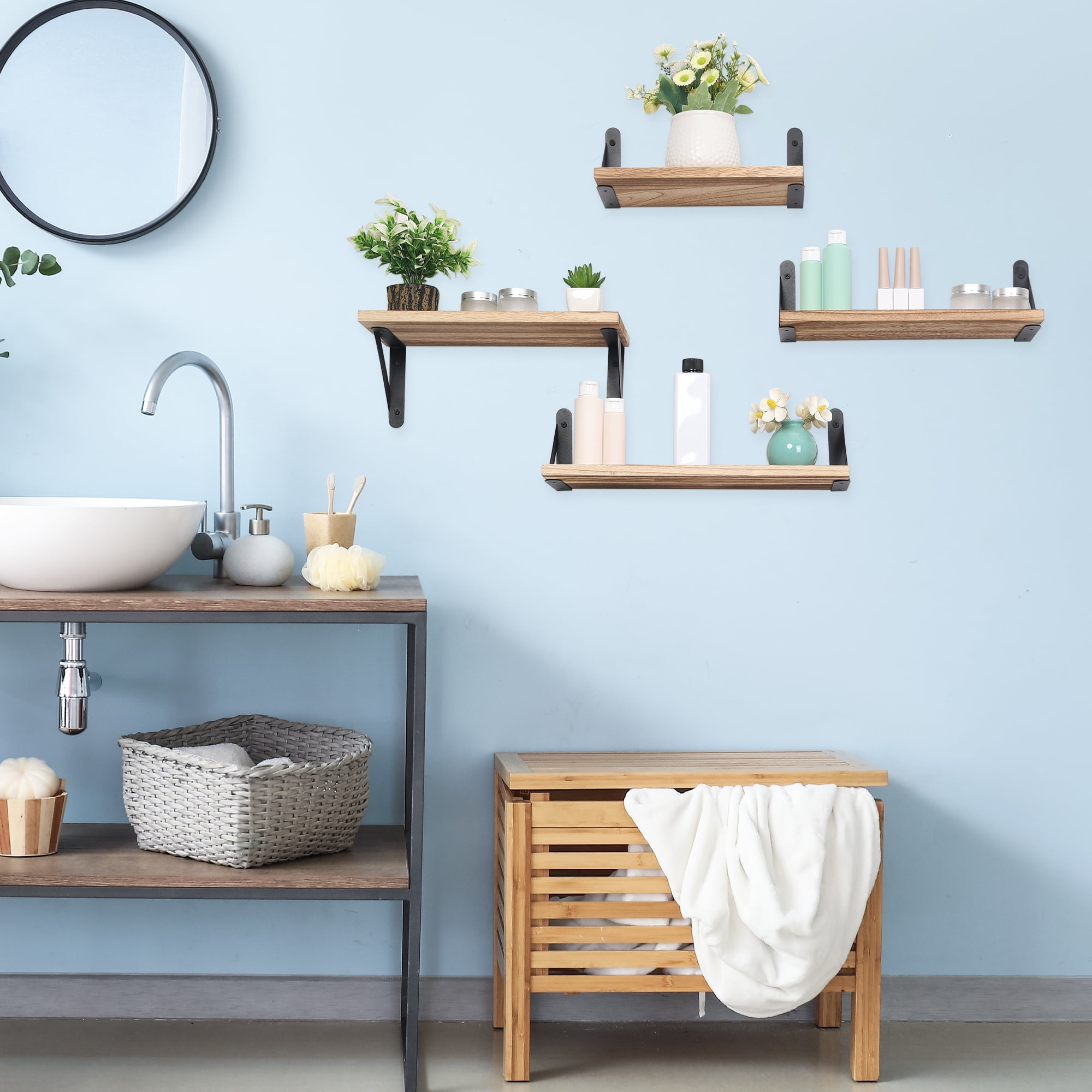 REGALWOVEN 4 Pack Wood Floating Shelves, Wall Mounted Shelves for Bathroom Bedroom Living Room, and Kitchen Brown 16.5*6.1in