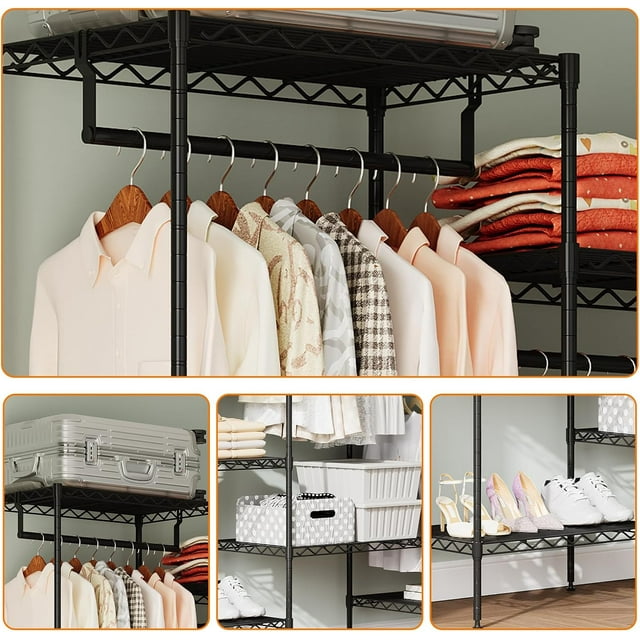 Historyli Organizador de ropa independiente de metal,perchero resistente con 8 estantes y 4 barras para colgar,perchero ajustable para armario,170 cm de largo x 43 cm de ancho x 194 cm de alto