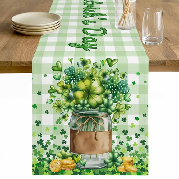 St. Patrick's Day Table Runner - 72 Inch Long Spring Botanical Clovers Coin Green Check Cotton and Linen Blended Dress Scarves Farmhouse Table Runner for Kitchen Dining, Coffee Table, 13" x 72"