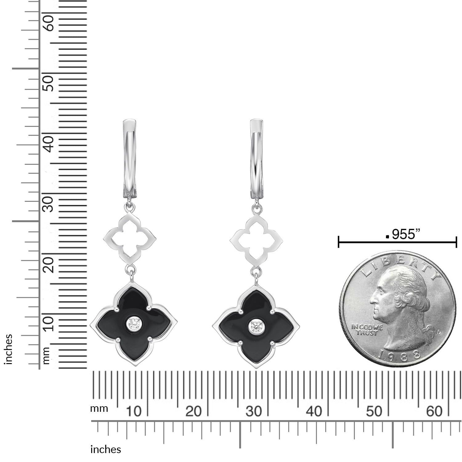 Black Onyx Flower Dangling Drop Earrings for Women in 925 Sterling Silver with Hinged Back by Lavari Jewelers
