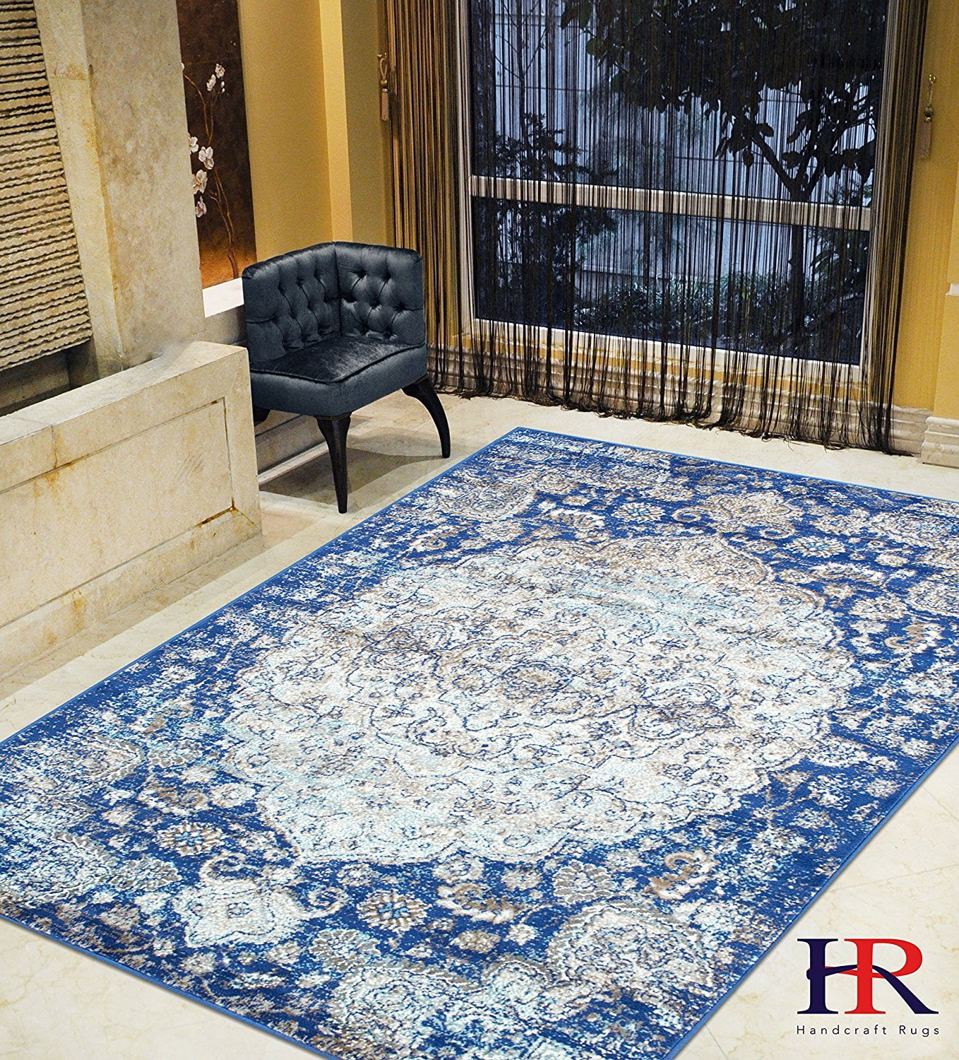 Silver Gray Navy Blue Turquoise Faded Oriental Distressed Area Rug Vintage Persian Abstract Kashan