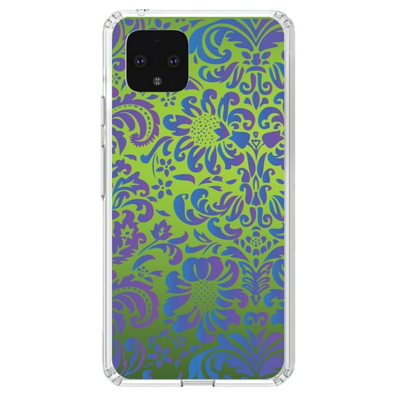 DistinctInk Clear Shockproof Hybrid Case for Google Pixel 4 (5.7" Screen) - TPU Bumper, Acrylic Back, Tempered Glass Screen Protector - Green Purple Blue Floral Pattern
