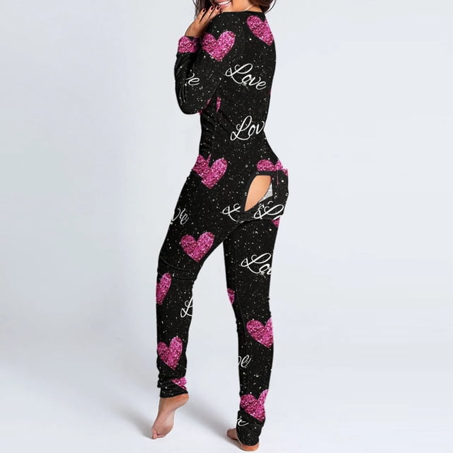 Pijama de Halloween para mujer, Pelele con estampado de amor, funcional, abotonado, con solapa en el trasero, para adultos, cálido, ropa de dormir completa