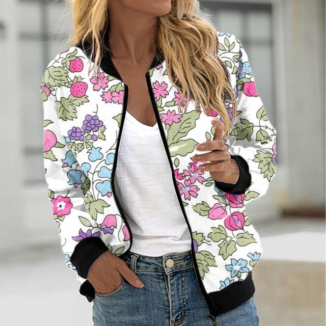Puntoco Abrigo Casual De Manga Larga Con Estampado Floral Y Cremallera Con Bolsillo Y Cuello Alto Para Mujer Puntoco Puntoco-1