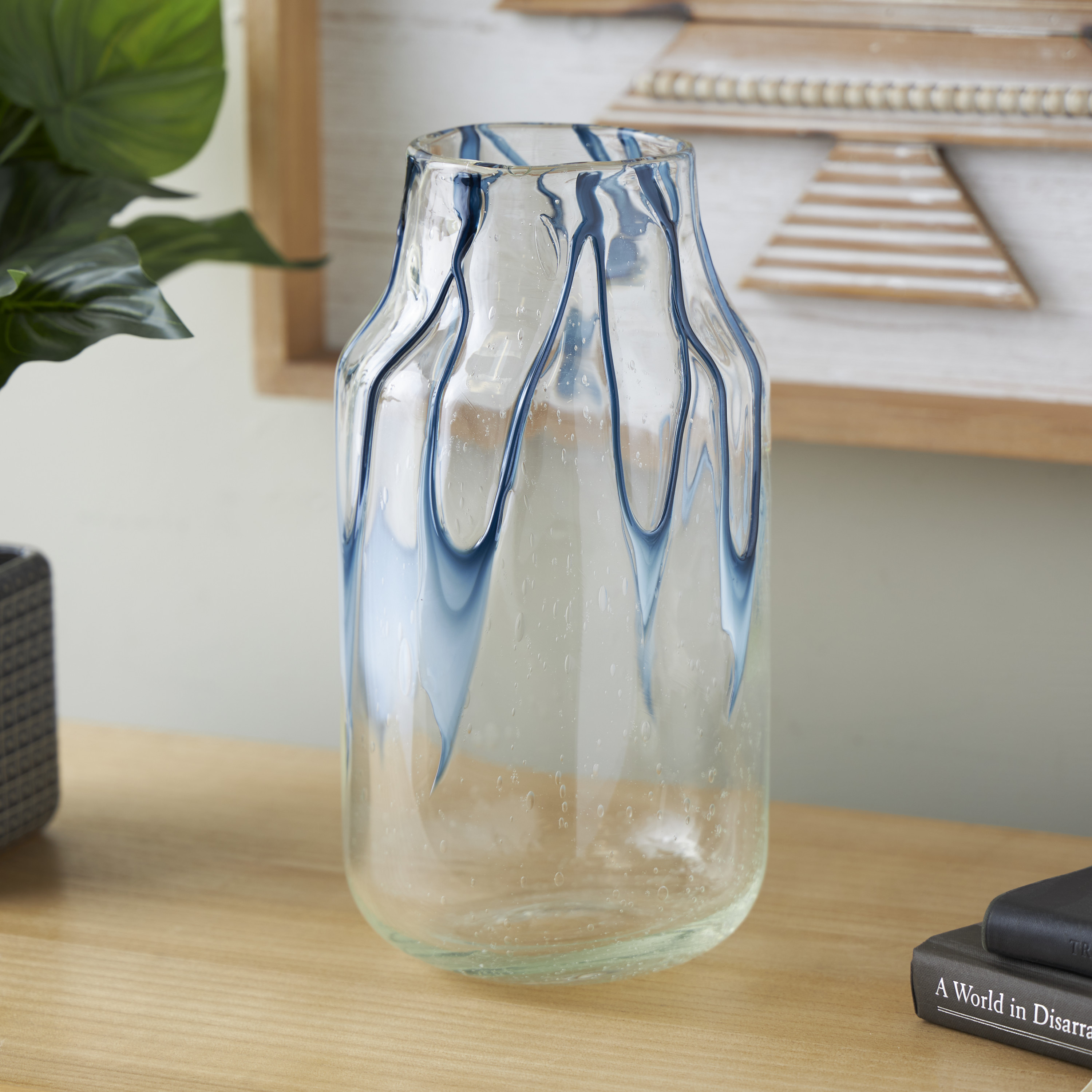 DecMode 13" Abstract Cream Glass Vase with Wavy Blue Design