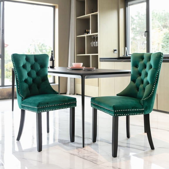 High-end Tufted Upholstered Dining Chair Set of 2, Classic Velvet Dining Chairs with Pull and Solid Wood Legs, Modern Dining Room Chairs for Dining Room (Green)