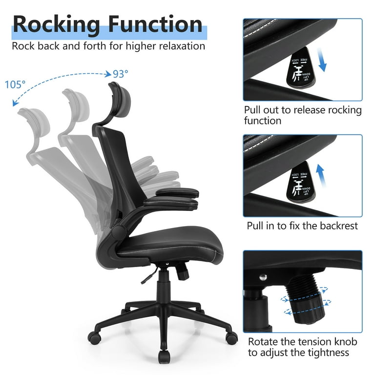 Costway Mesh Back Adjustable Swivel Office Chair w Flip up Arms Leather Seat