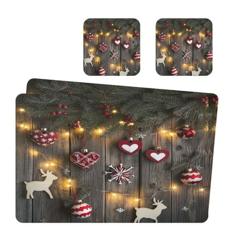 

Wobogo Christmas Tree Leaves Hanging with Red Hearts Placemats Coasters Set of 2 Heat-resistant Non-slip Easy to Clean Square Dinner Plate Mat