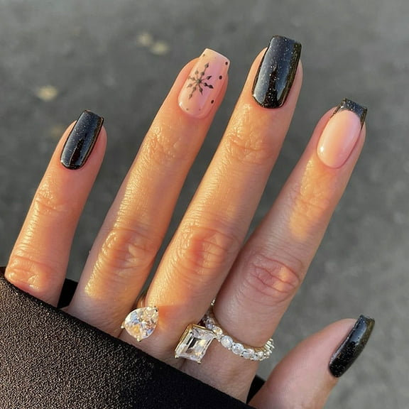 Christmas Wearable Nail Art - Short Square Nails, Simple Black Glitter and Snowflake Shiny Finish