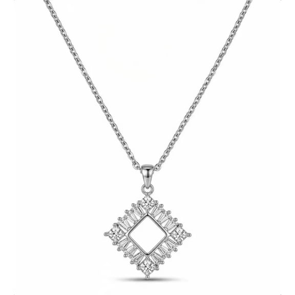 Kerinzo - Silver Tone Geometric Pendant Necklace with Crystal Accents, Layered Chain Fashion Jewelry for Women