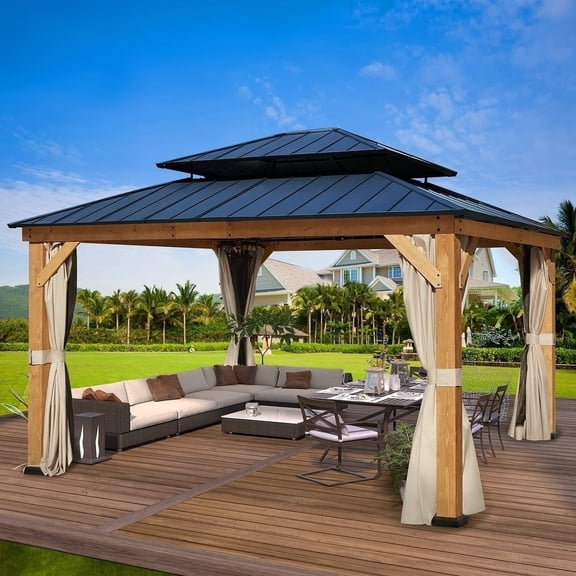 Erommy Hardtop Wood Gazebo for Patio, Outdoor Cedar/Spruce Pergola with Metal or Asphalt Roof, All-Weather Backyard Shelter Metal Roof 13'x15'Cedar