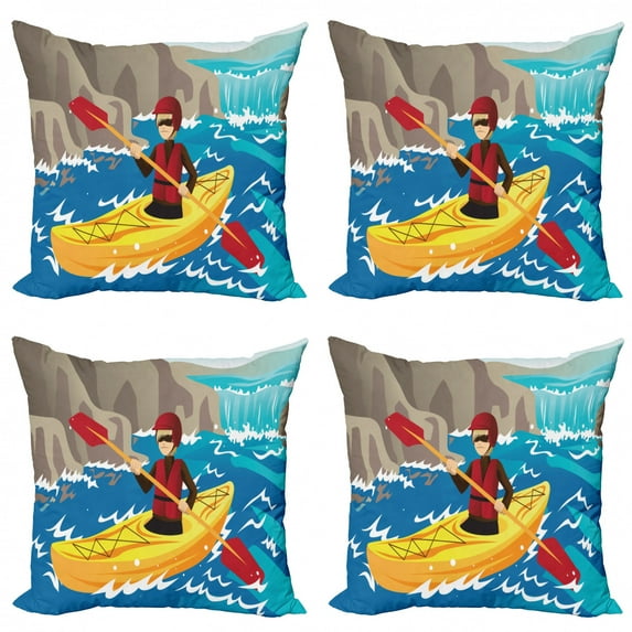 Adventure Throw Pillow Cushion Case Pack of 4, Cartoon Style Layout of an Adventurous Boy Kayaking in the River Water Sports, Modern Accent Double-Sided Print, 4 Sizes, Multicolor, by Ambesonne