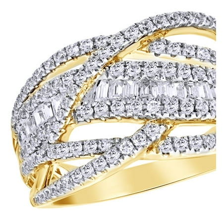 Round & Baguette Shape White Natural Diamond Loose Braid Ring in 10K Yellow Gold (1 cttw)